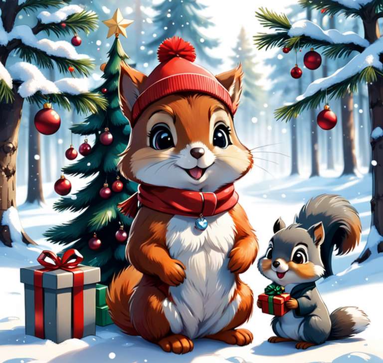 Eichhörnchen mit Weihnachtsgeschenken Puzzlespiel online