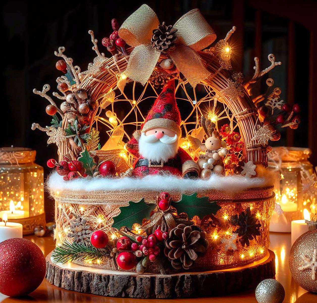 Коледна украса от дърво, слама и горски дарове онлайн пъзел