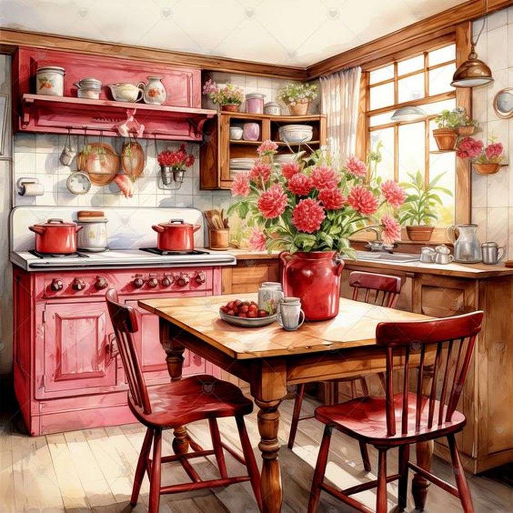 Kopott elegáns rusztikus piros konyha kirakós online