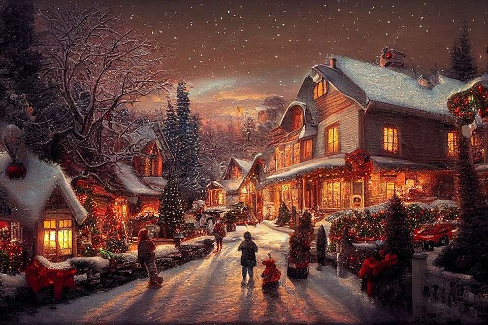 Cenário festivo de inverno com pequena vila quebra-cabeças online