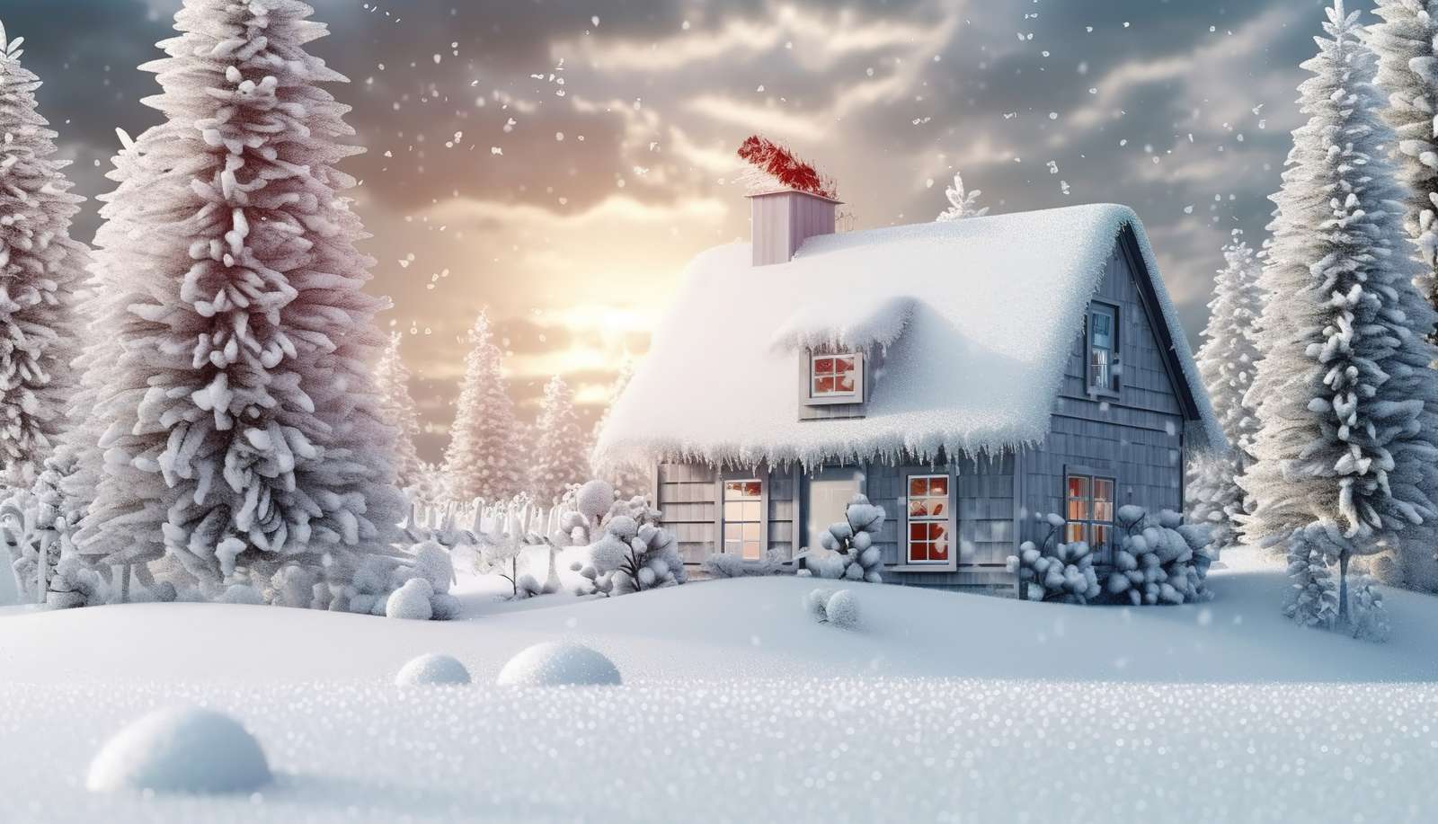 Uma casa coberta de neve e árvores em montes de neve quebra-cabeças online