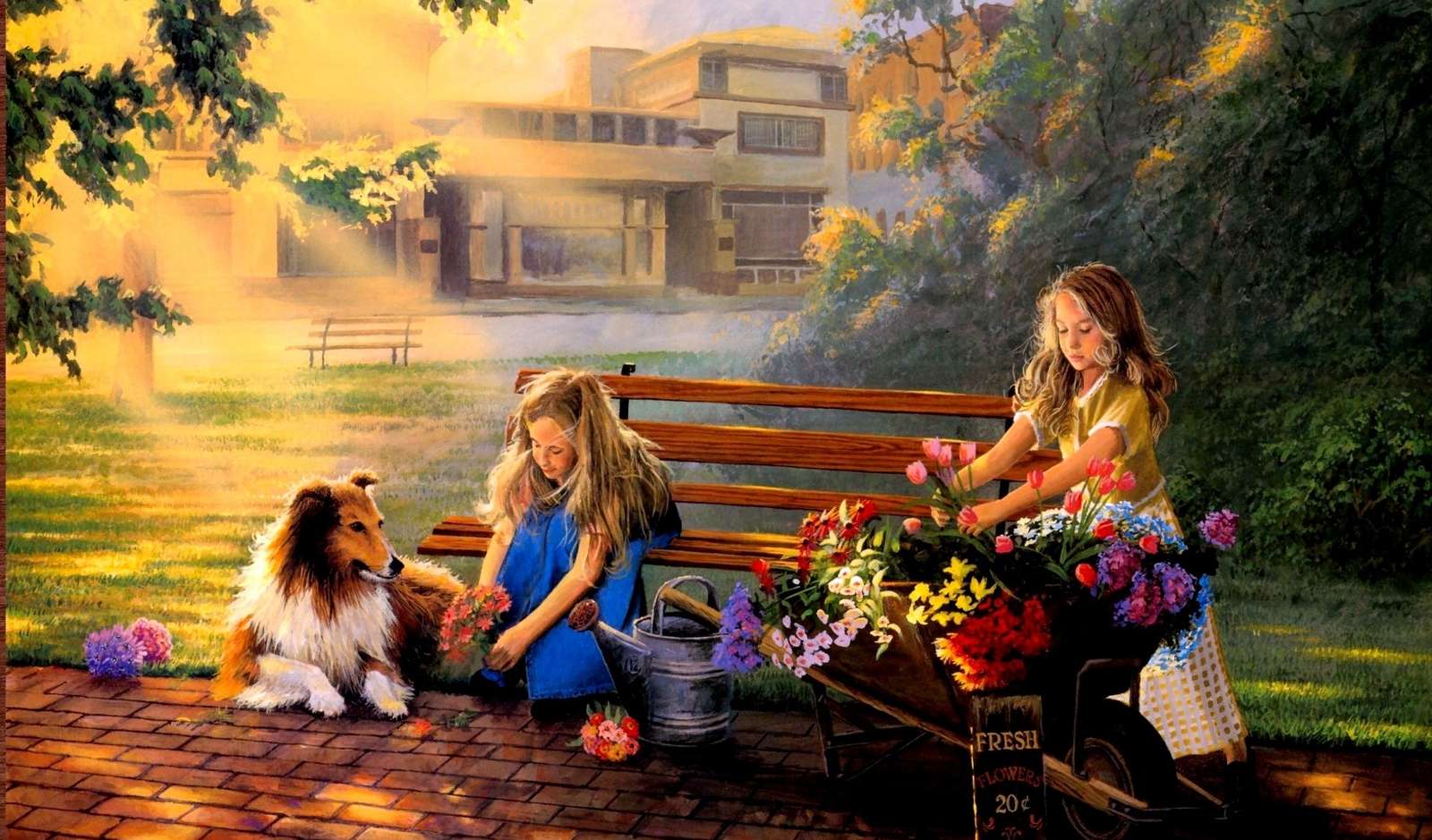 Children in front of the house with a Scottish Shepherd jigsaw puzzle online