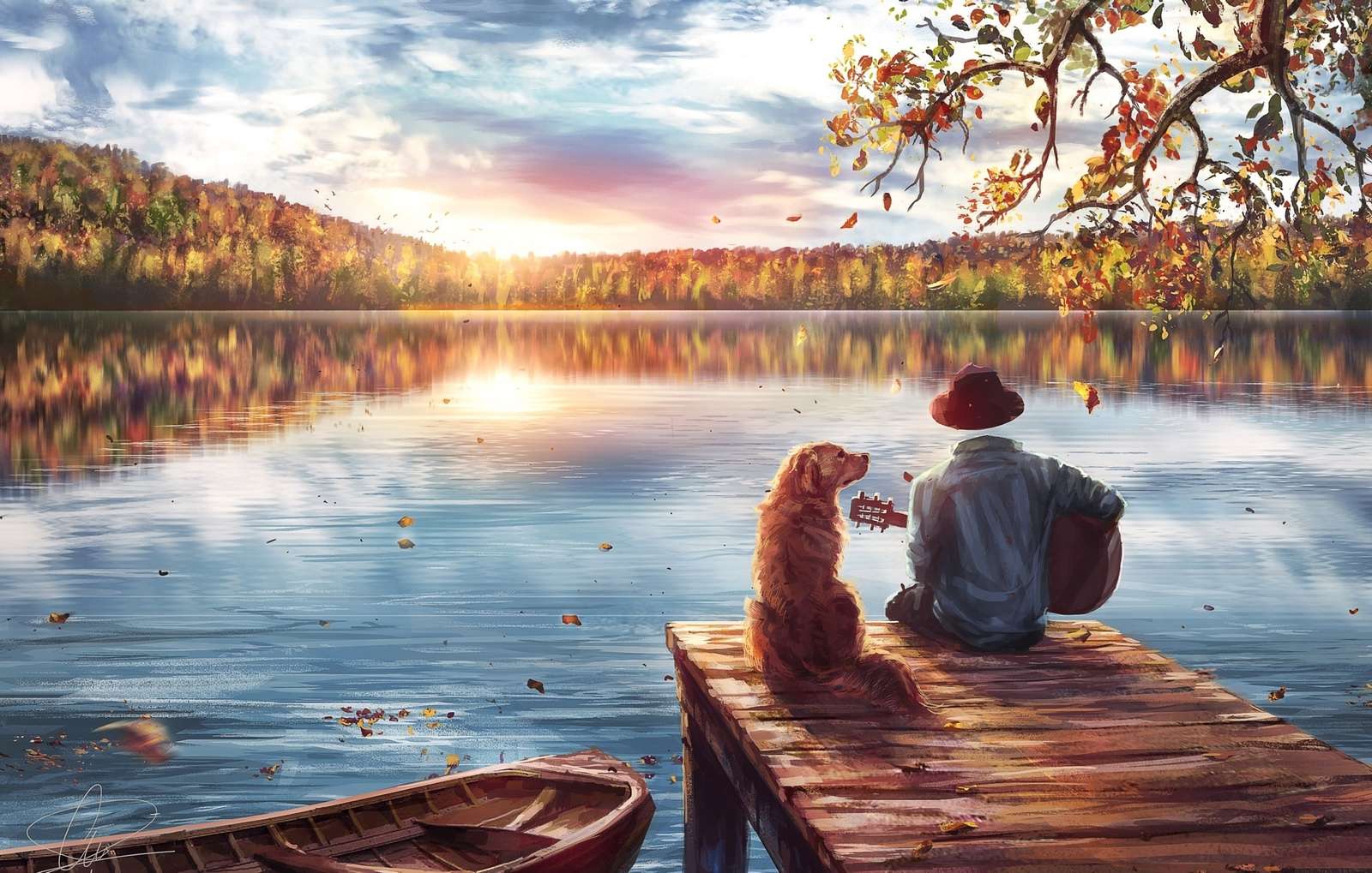 A man with a guitar and a dog on a pier over the water online puzzle
