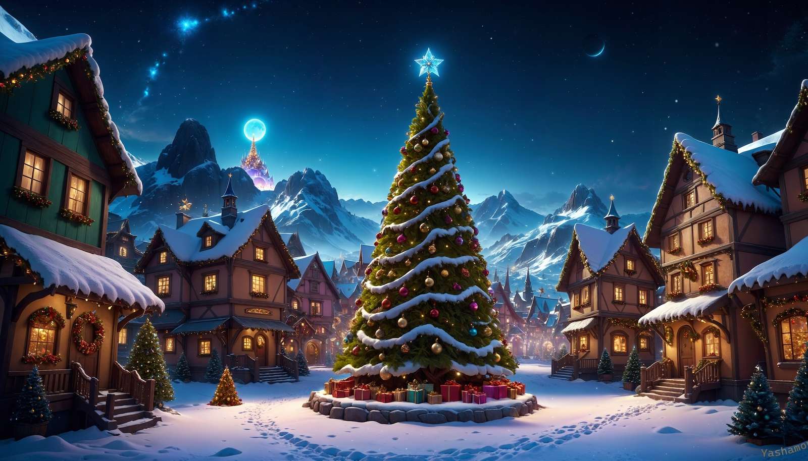Díszített karácsonyfa és ajándékok a házak között online puzzle