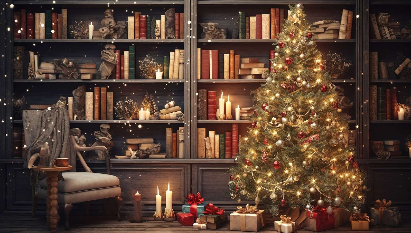 Un fauteuil près du sapin de Noël dans une bibliothèque personnelle puzzle en ligne