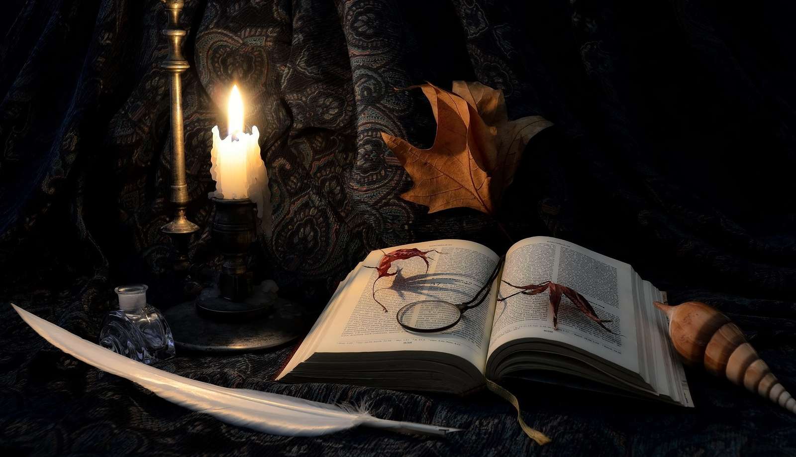 Ein offenes Buch neben einer Kerze und Blättern Online-Puzzle