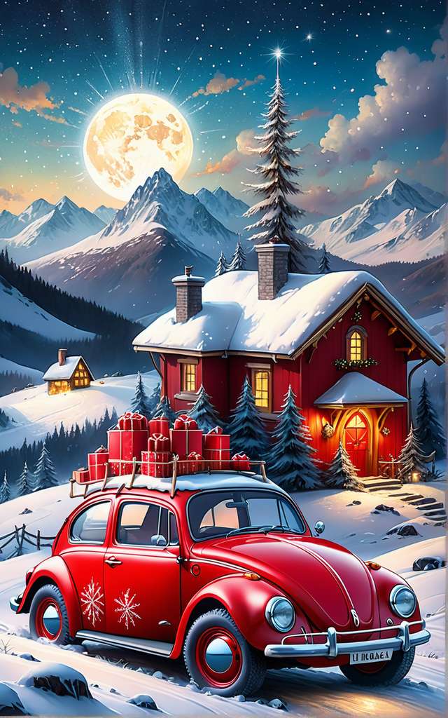 Ein roter VW-Käfer zu Weihnachten Online-Puzzle