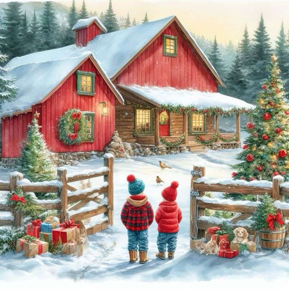 Röd gård i julmorgon pussel på nätet