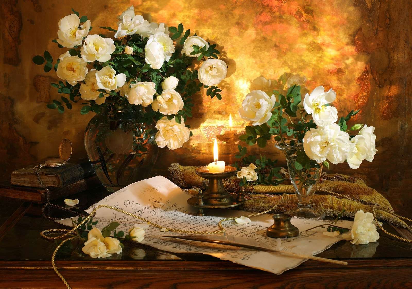 A candlestick on a manuscript next to a vase of flowers jigsaw puzzle online