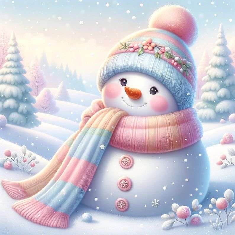 Sneeuwman, een sneeuwwitte dikke man, staat in de tuin online puzzel
