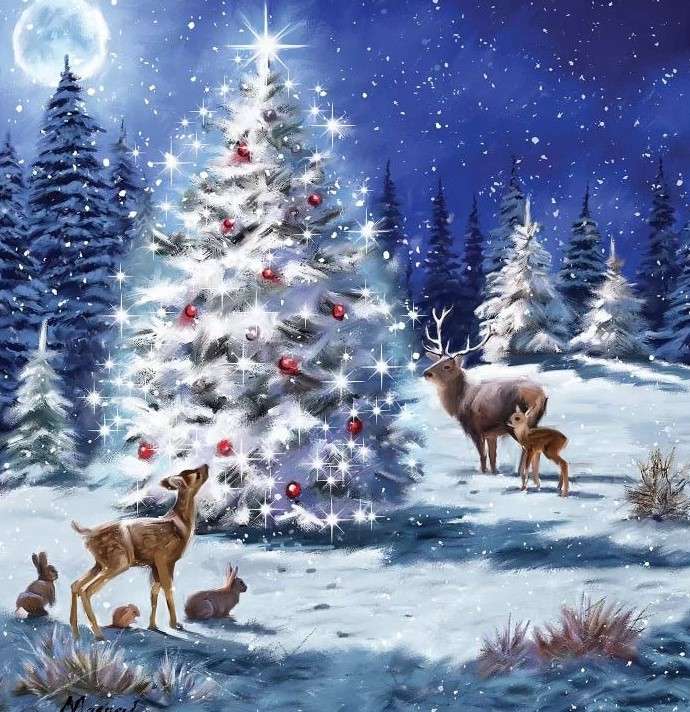 Animaux autour du sapin de Noël dans la forêt puzzle en ligne