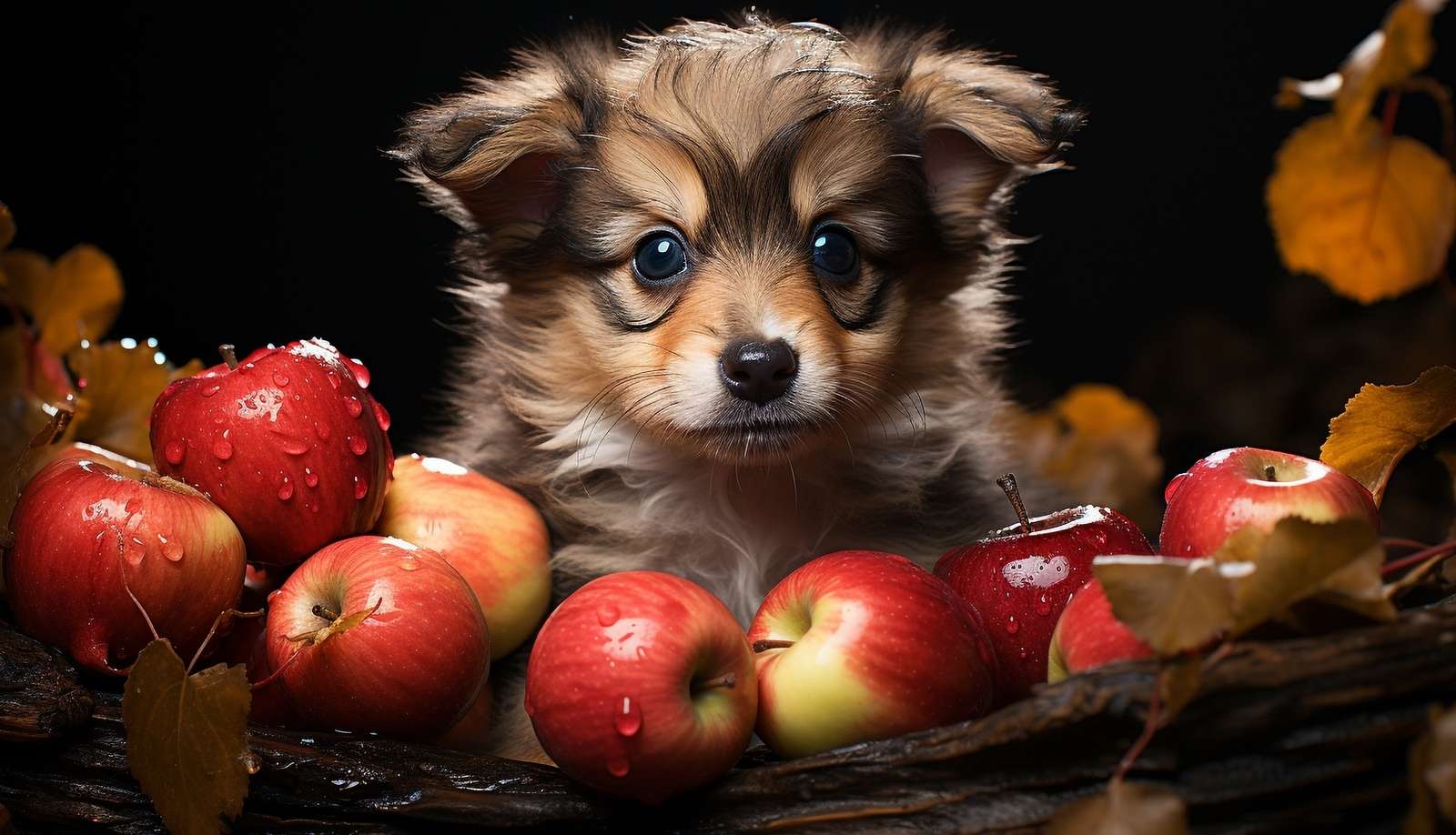 Кученце в кошница с ябълки онлайн пъзел