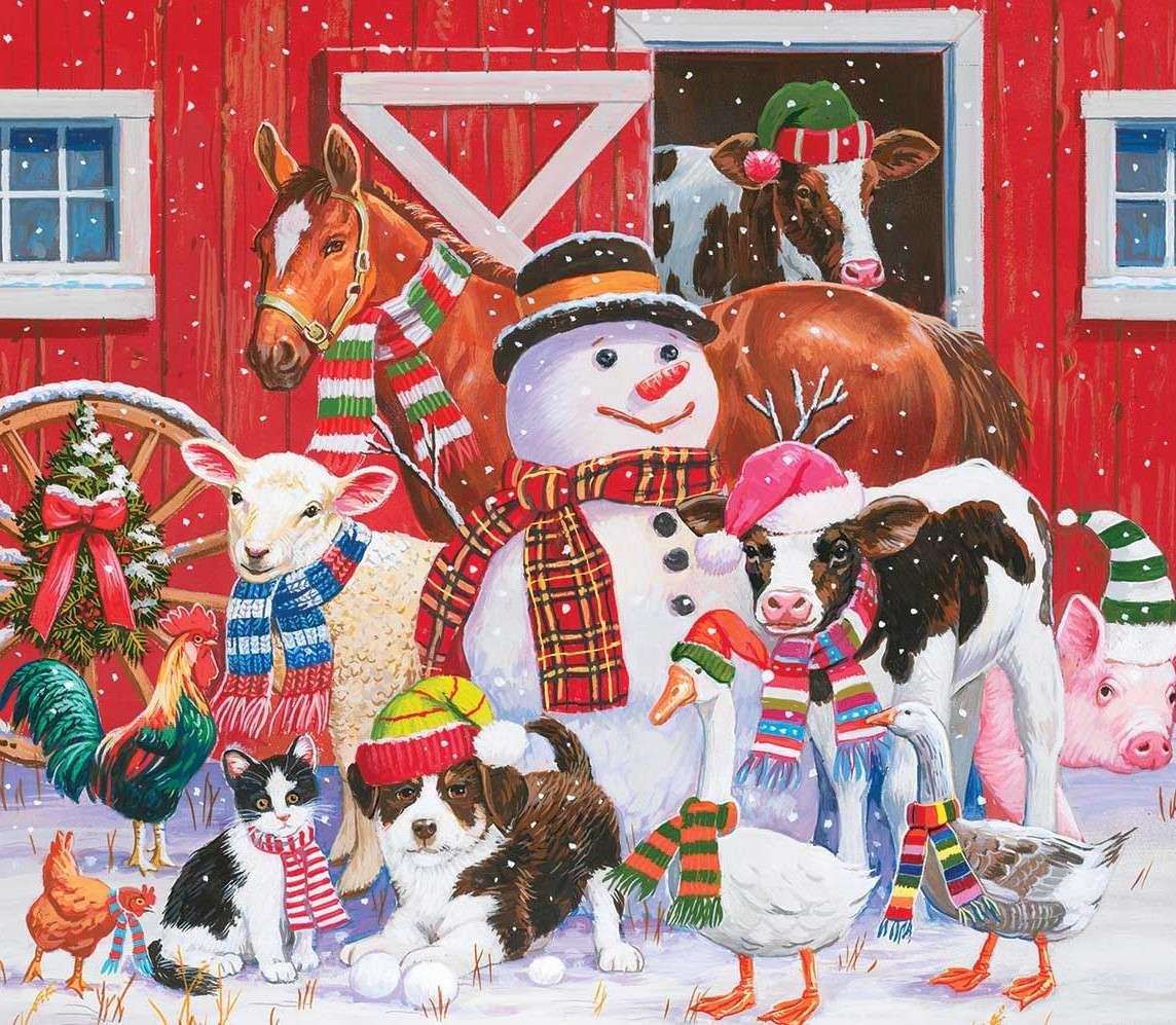 Foto von Haustieren mit einem Schneemann zu Weihnachten Online-Puzzle