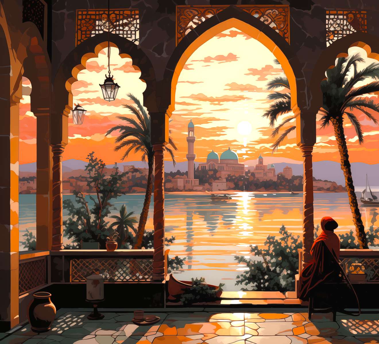 Stad bij zonsondergang - Arabisch landschap legpuzzel online