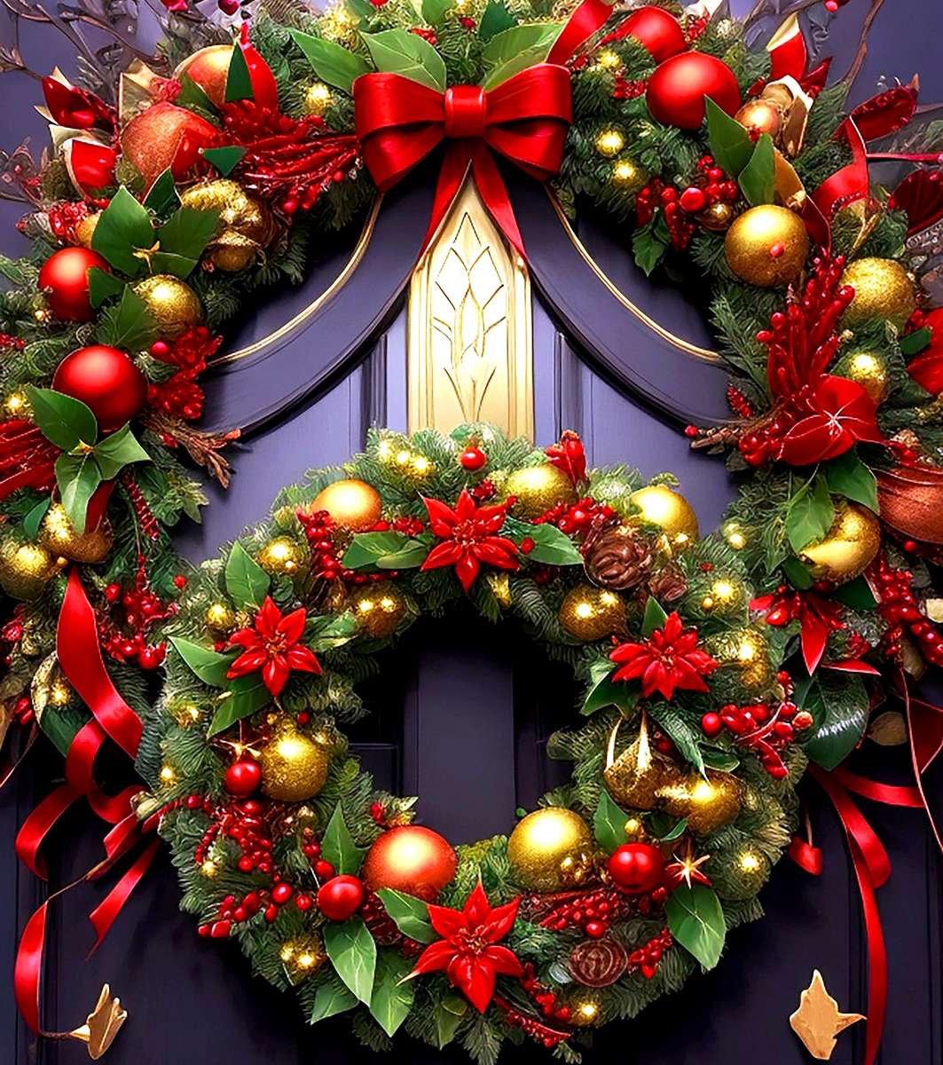 Gyönyörű karácsonyi dekoráció a ház ajtaján online puzzle