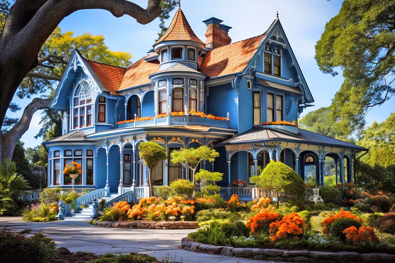 Vila azul com um jardim maravilhoso quebra-cabeças online