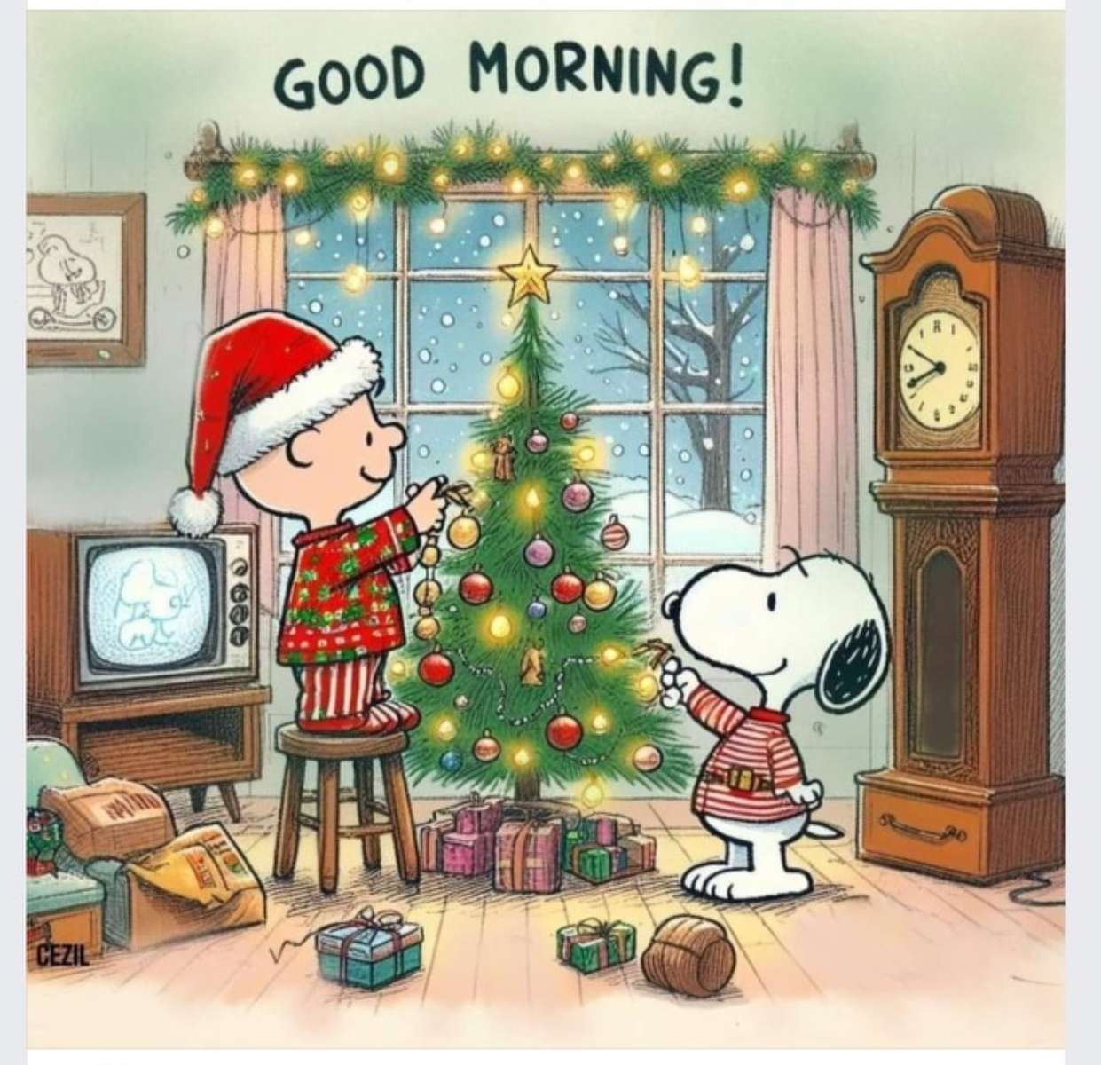 Snoopy decorând copacul puzzle online