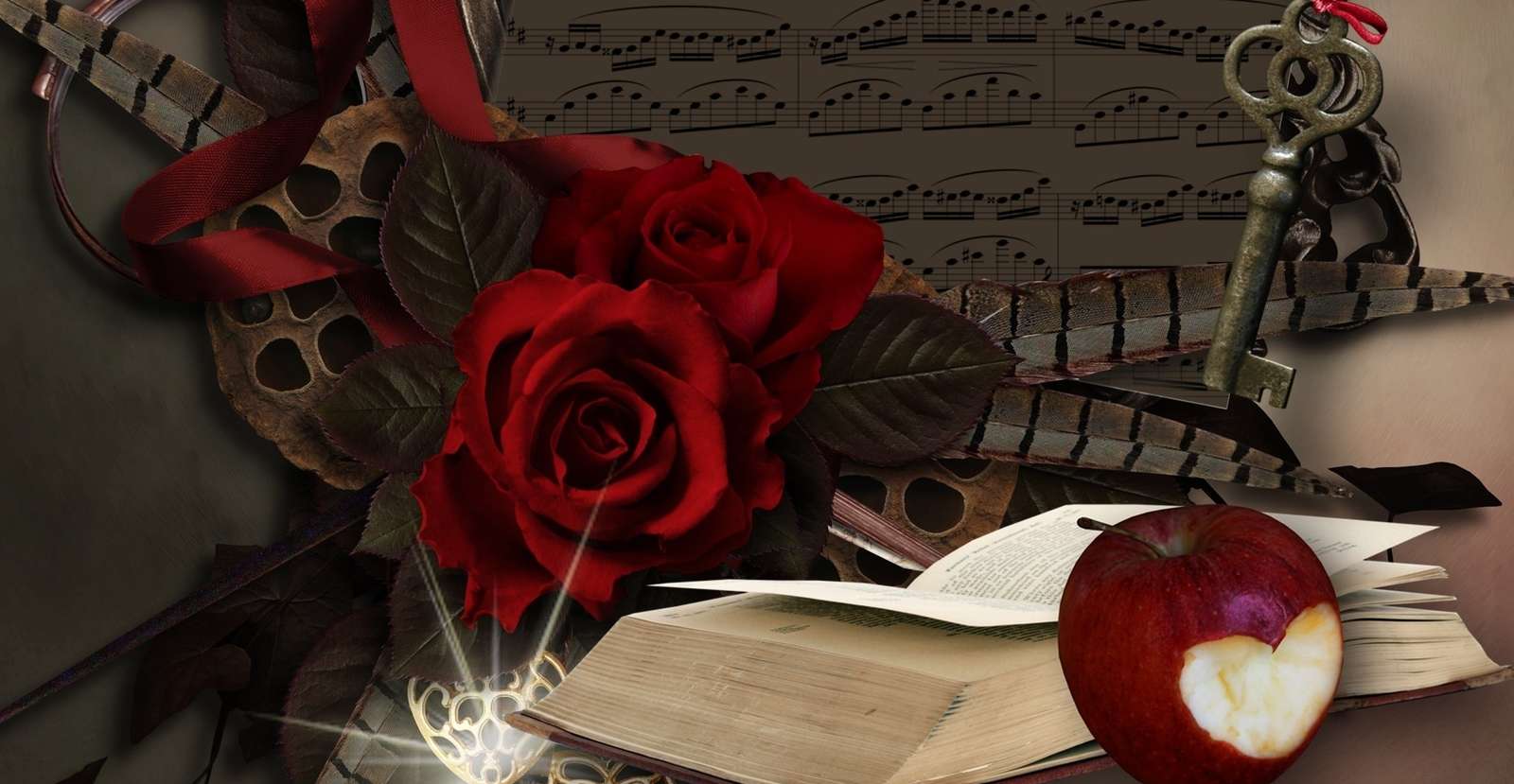 Τριαντάφυλλα με ένα κλειδί, ένα βιβλίο και ένα μήλο παζλ online
