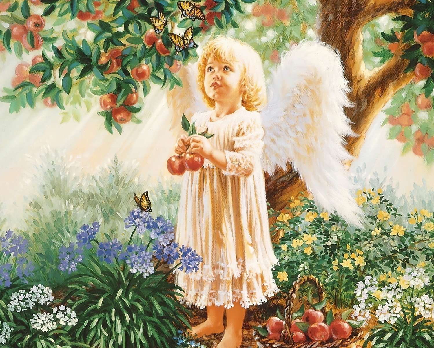 Uma menina anjo parada debaixo de uma macieira quebra-cabeças online