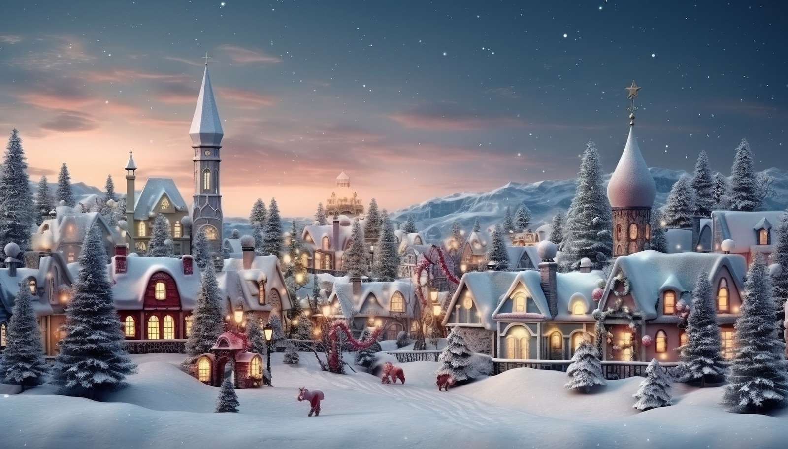 Un oraș iluminat într-un peisaj de iarnă jigsaw puzzle online