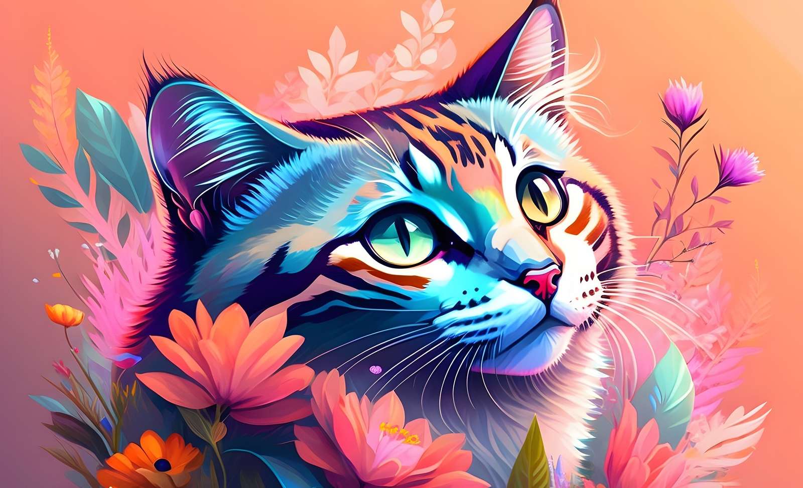 カラフルな子猫と花 ジグソーパズルオンライン