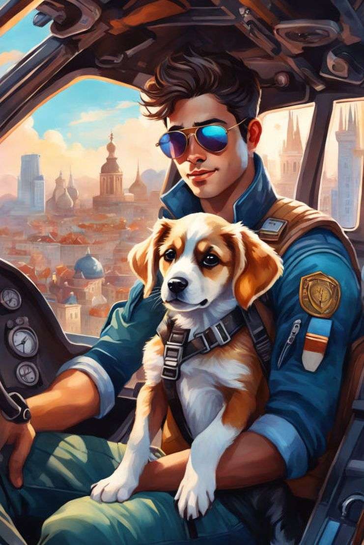 Egy fiatal férfi pilóta ül az aranyos kiskutyájával kirakós online