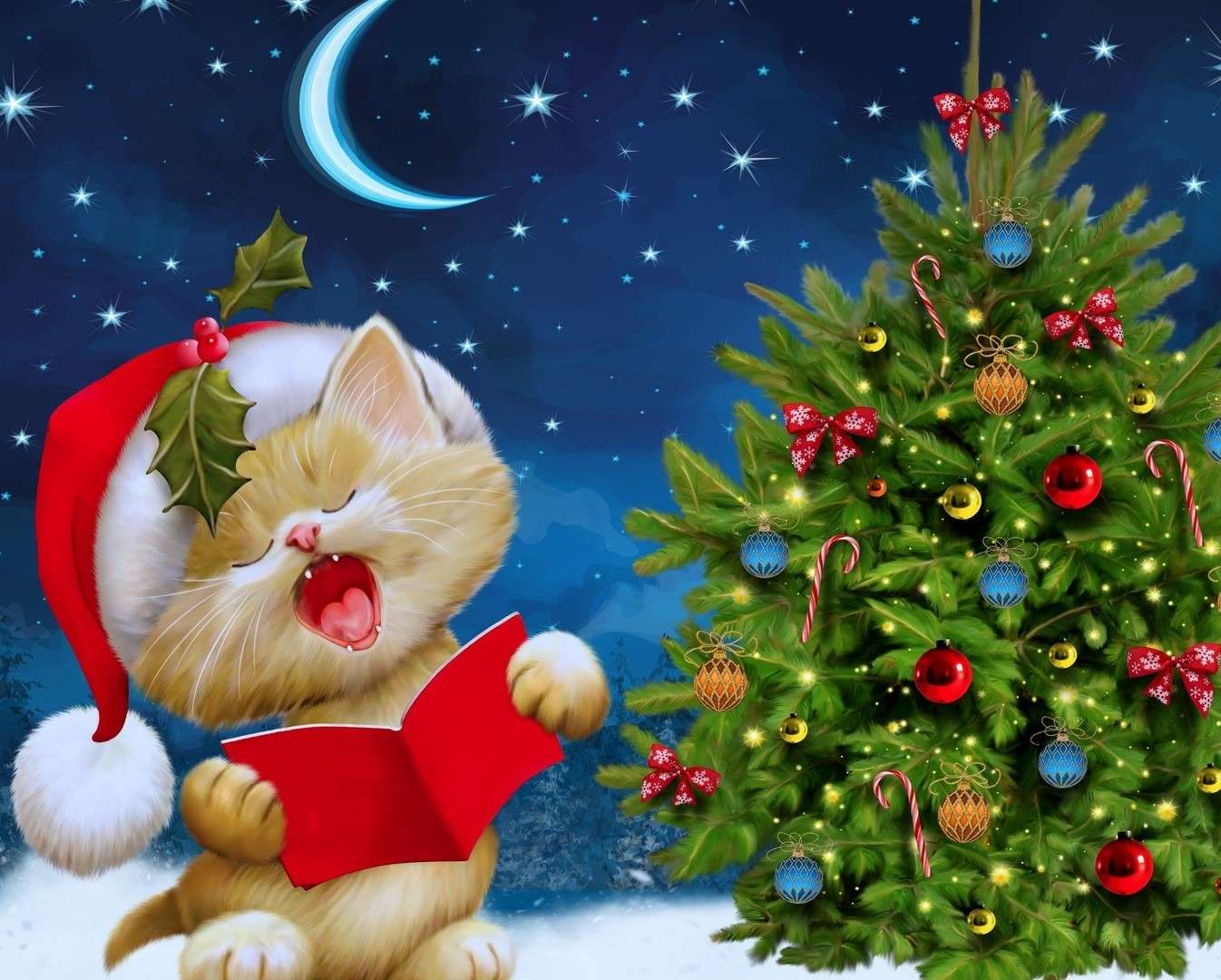 Un gatito cantando junto al árbol de Navidad. rompecabezas en línea