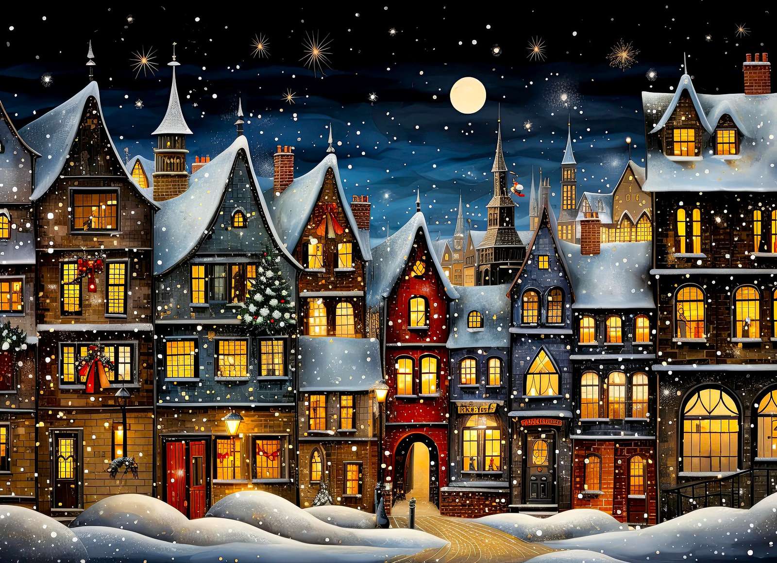 Σπίτια γεμάτα φώτα την παραμονή των Χριστουγέννων online παζλ