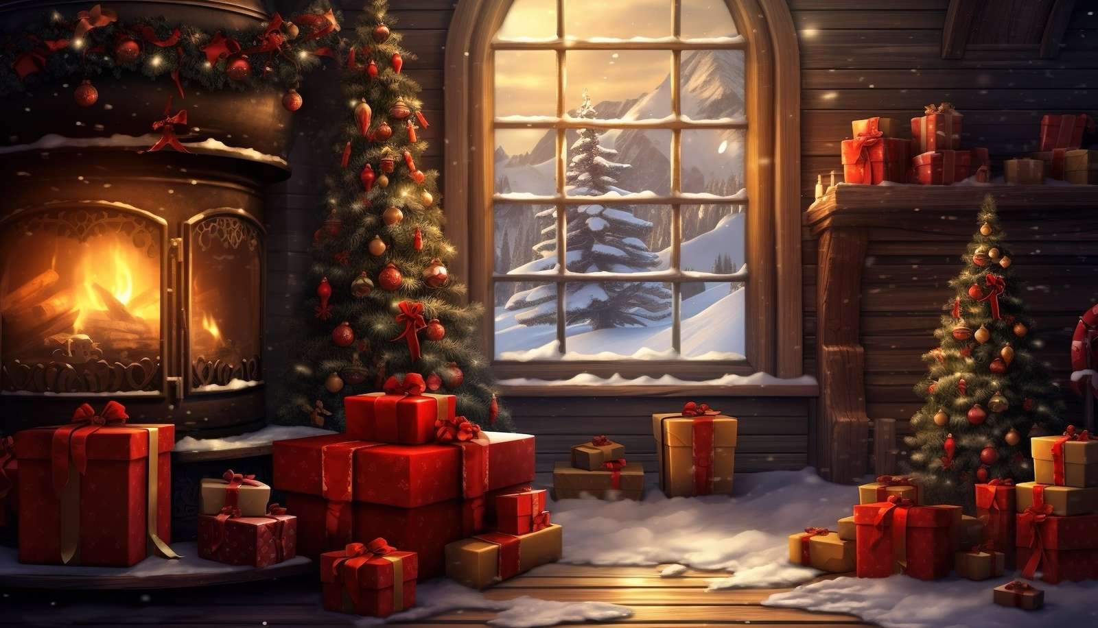 Regali sotto gli alberi di Natale e il caminetto puzzle online