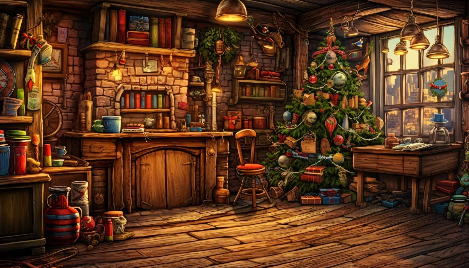 Weihnachtsbaum am Fenster im Zimmer Online-Puzzle