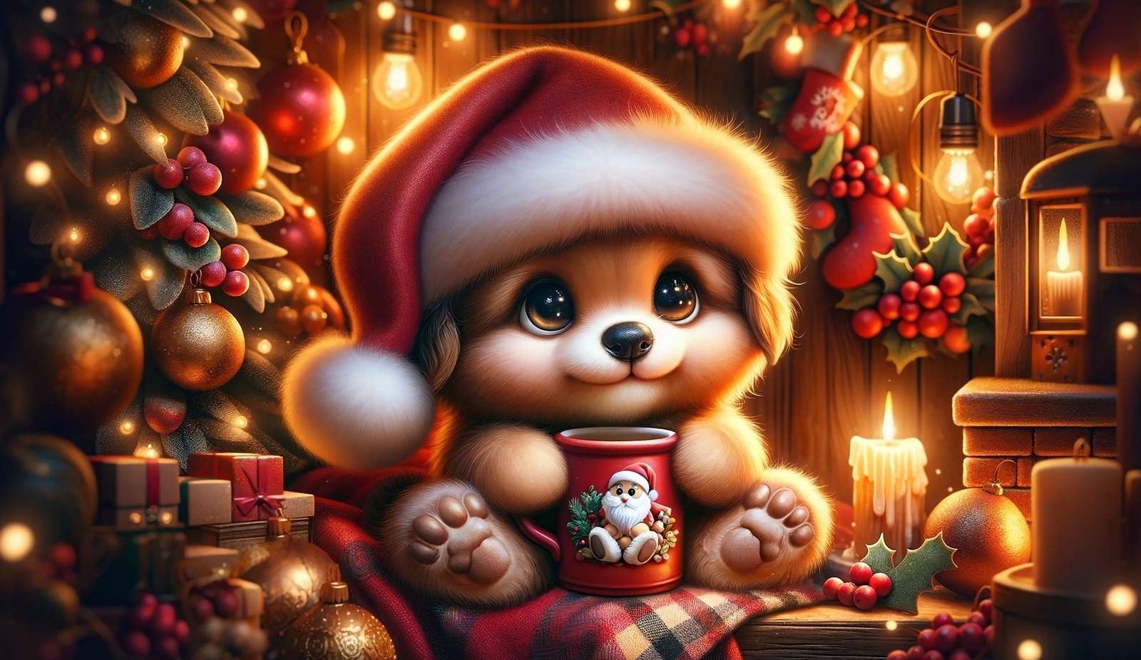 Kiskutya Mikulás sapkában, bögrével a karácsonyfa alatt online puzzle
