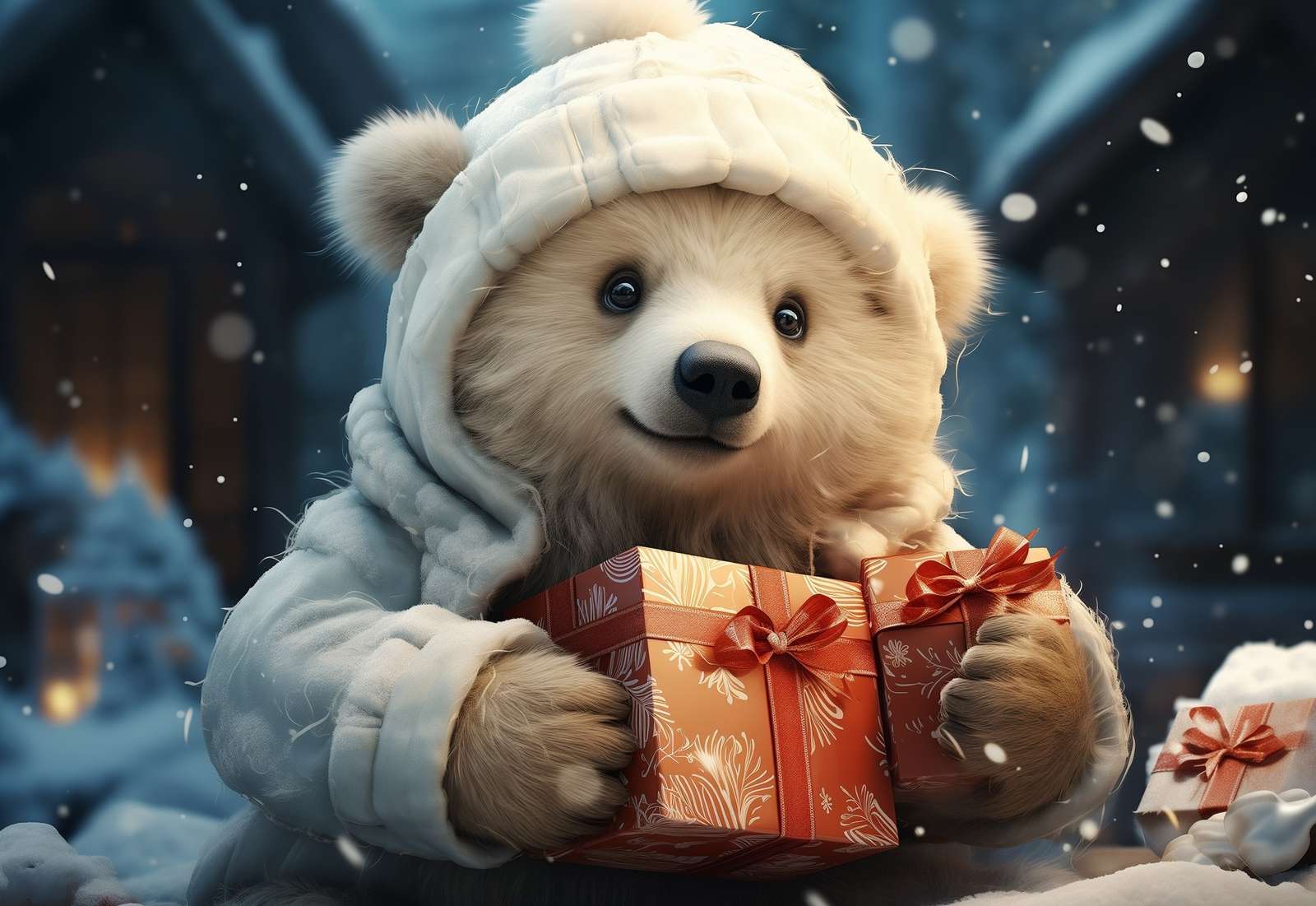 Een beer met een geschenk in zijn poten legpuzzel online