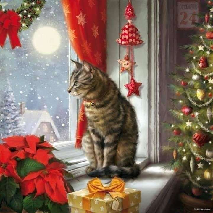 Котенок на подоконнике в Рождество пазл онлайн