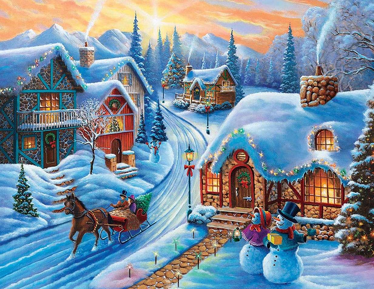 Village de Noël au coucher du soleil puzzle en ligne