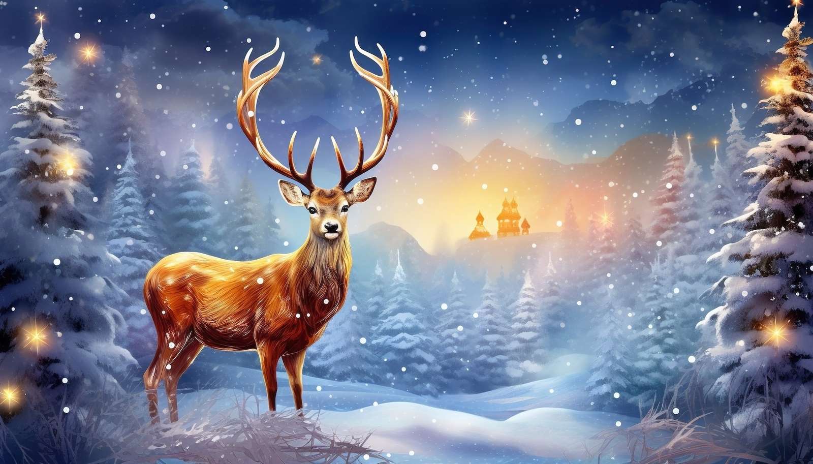 Hirsch vor dem Hintergrund schneebedeckter Bäume Online-Puzzle