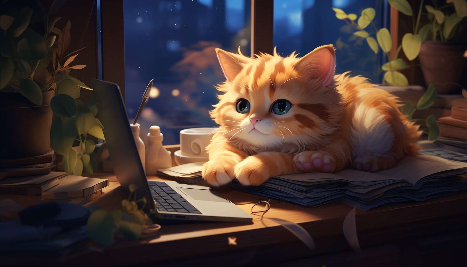 Zázvorové kotě ležící na knize poblíž notebooku online puzzle