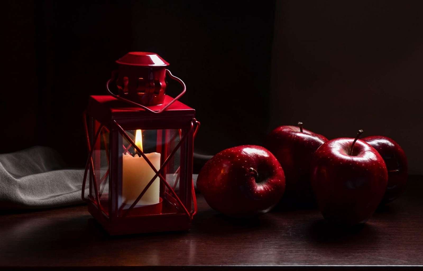 Rood, appels, lantaarn, compositie, kaars online puzzel