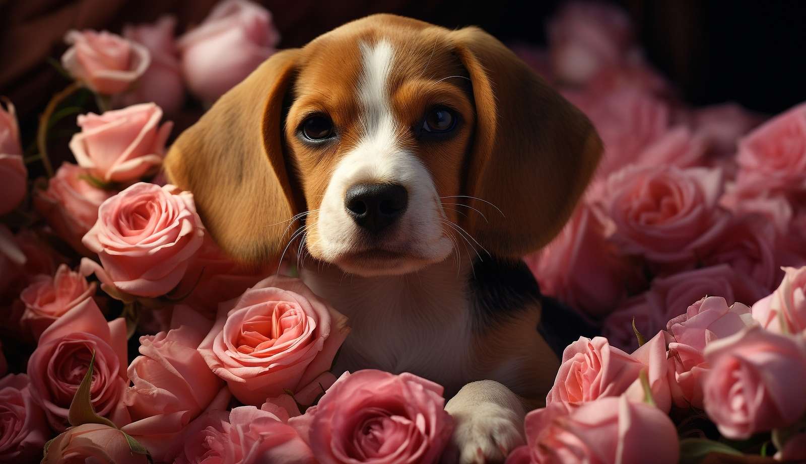 ピンクのバラの中のビーグル犬 オンラインパズル