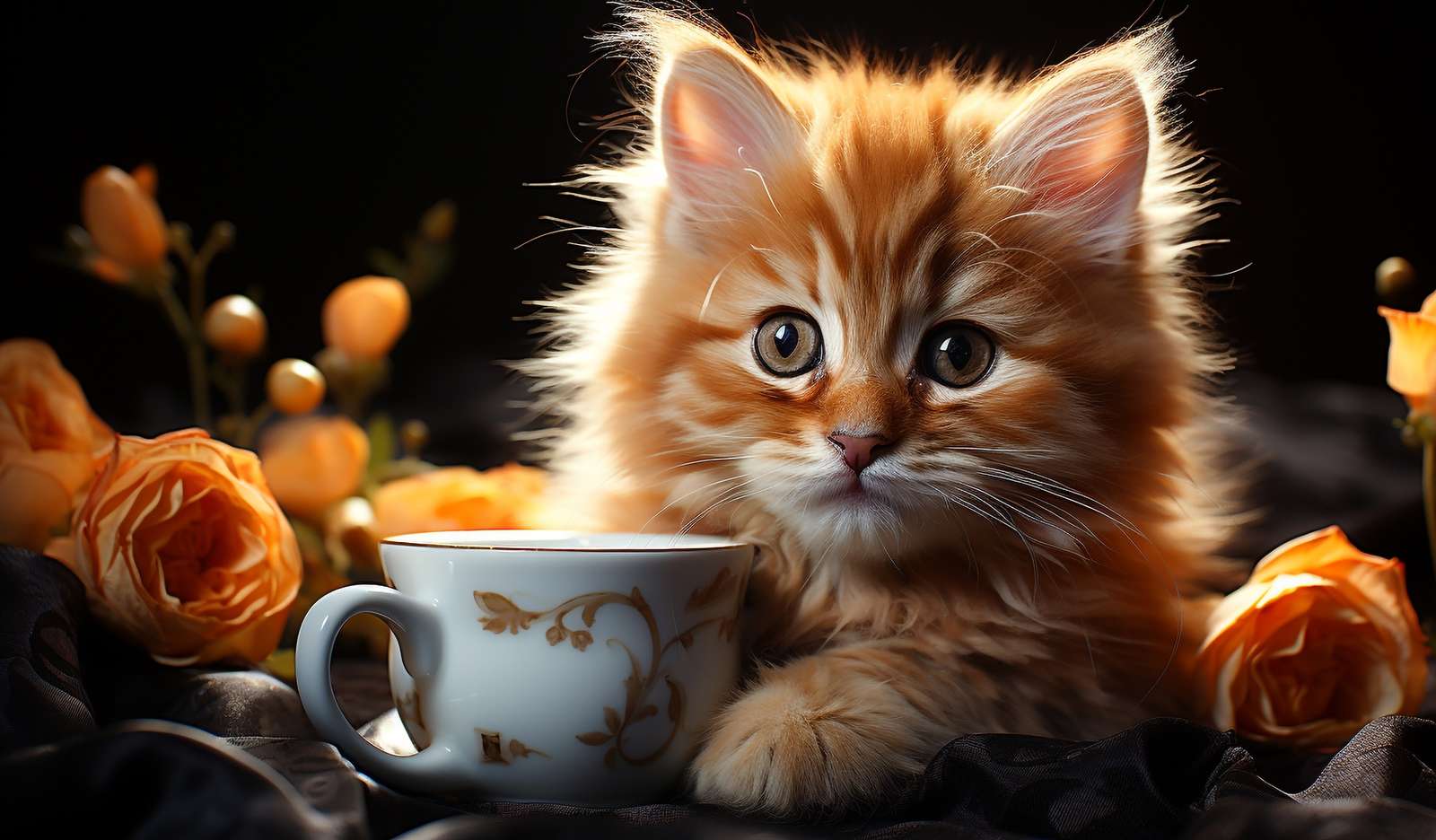 Un pequeño gatito pelirrojo junto a una taza y rosas. rompecabezas en línea