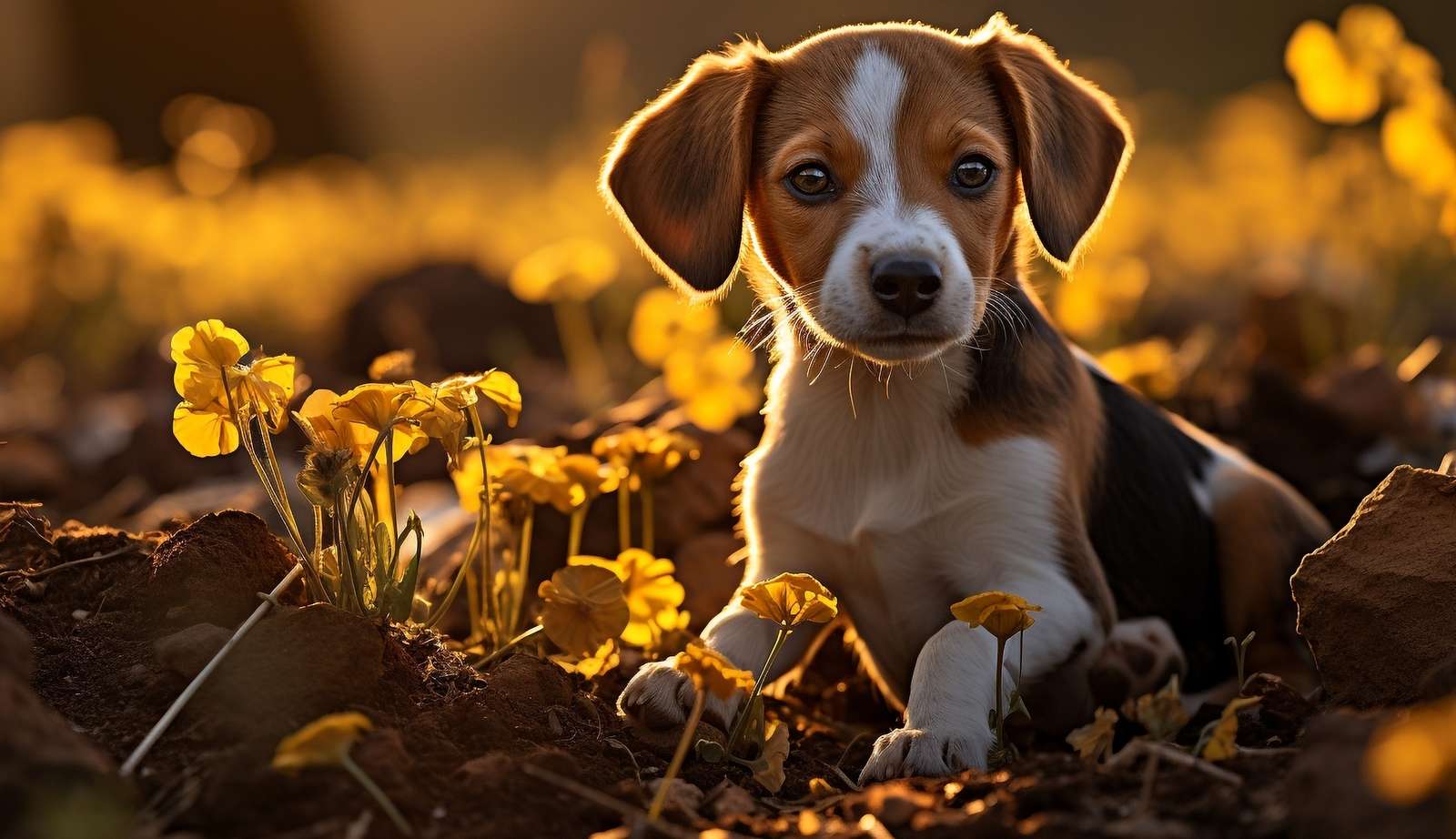 Een puppy tussen de verlichte planten online puzzel
