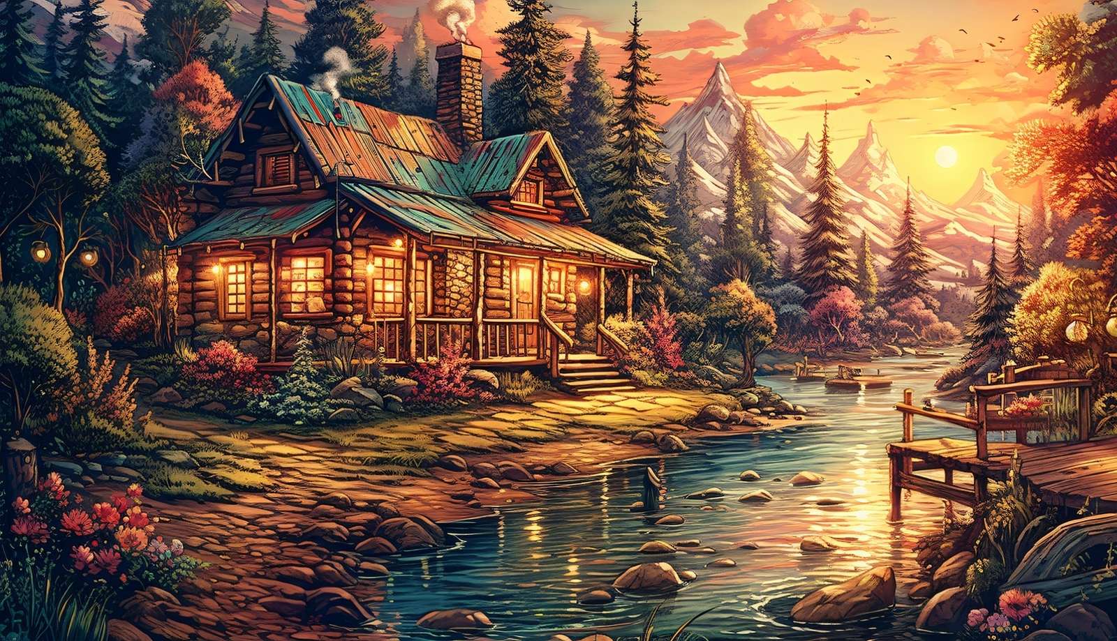 Casa de madera iluminada en la orilla del río. rompecabezas en línea