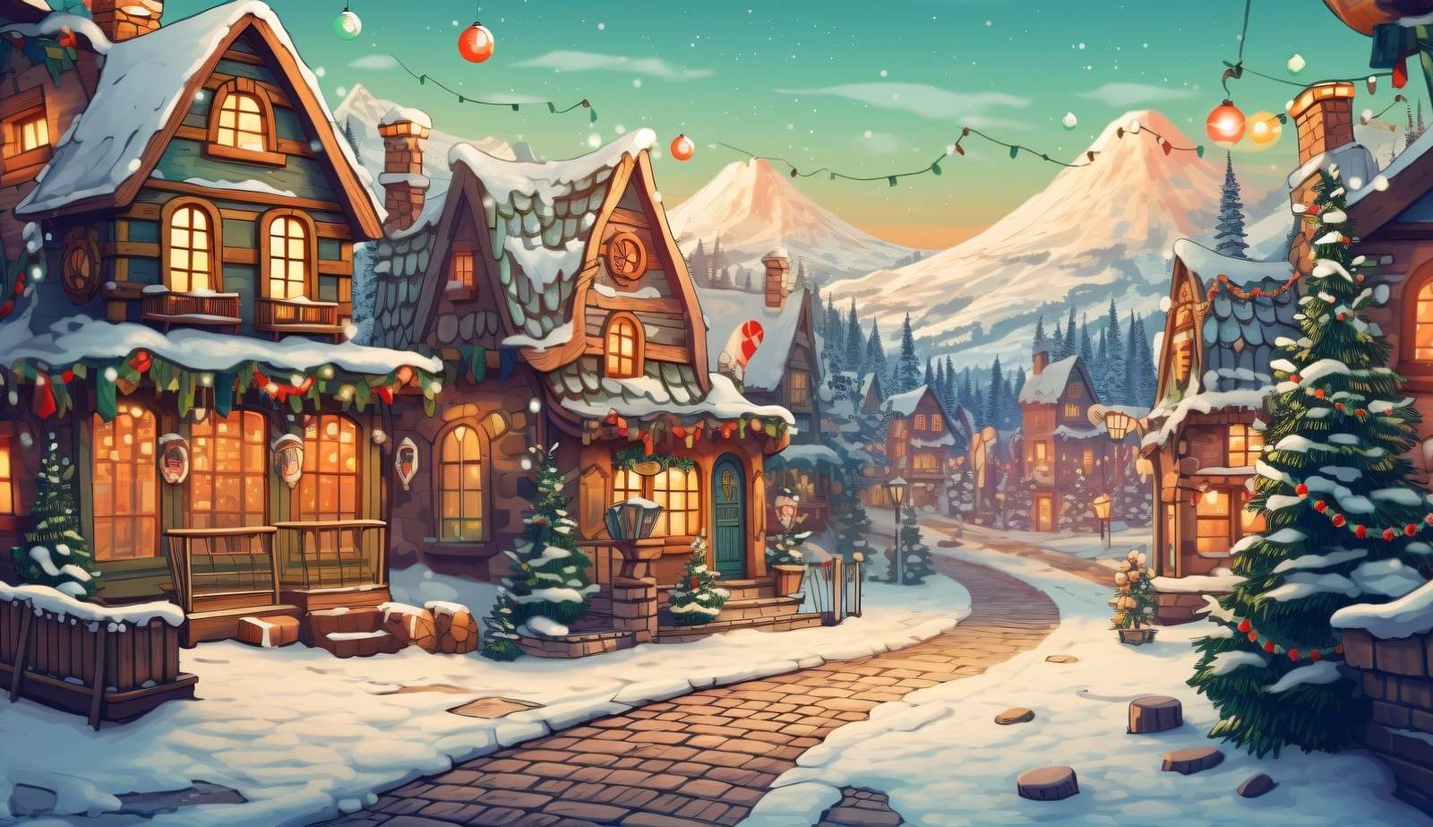 A mountain town decorated for Christmas online puzzle