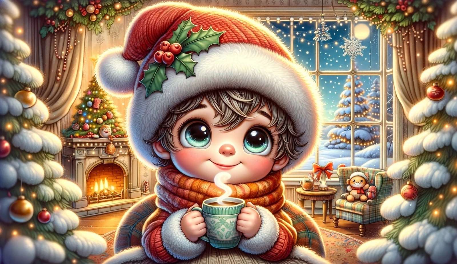 Bambino con il cappello di Babbo Natale con una tazza accanto agli alberi di Natale puzzle online