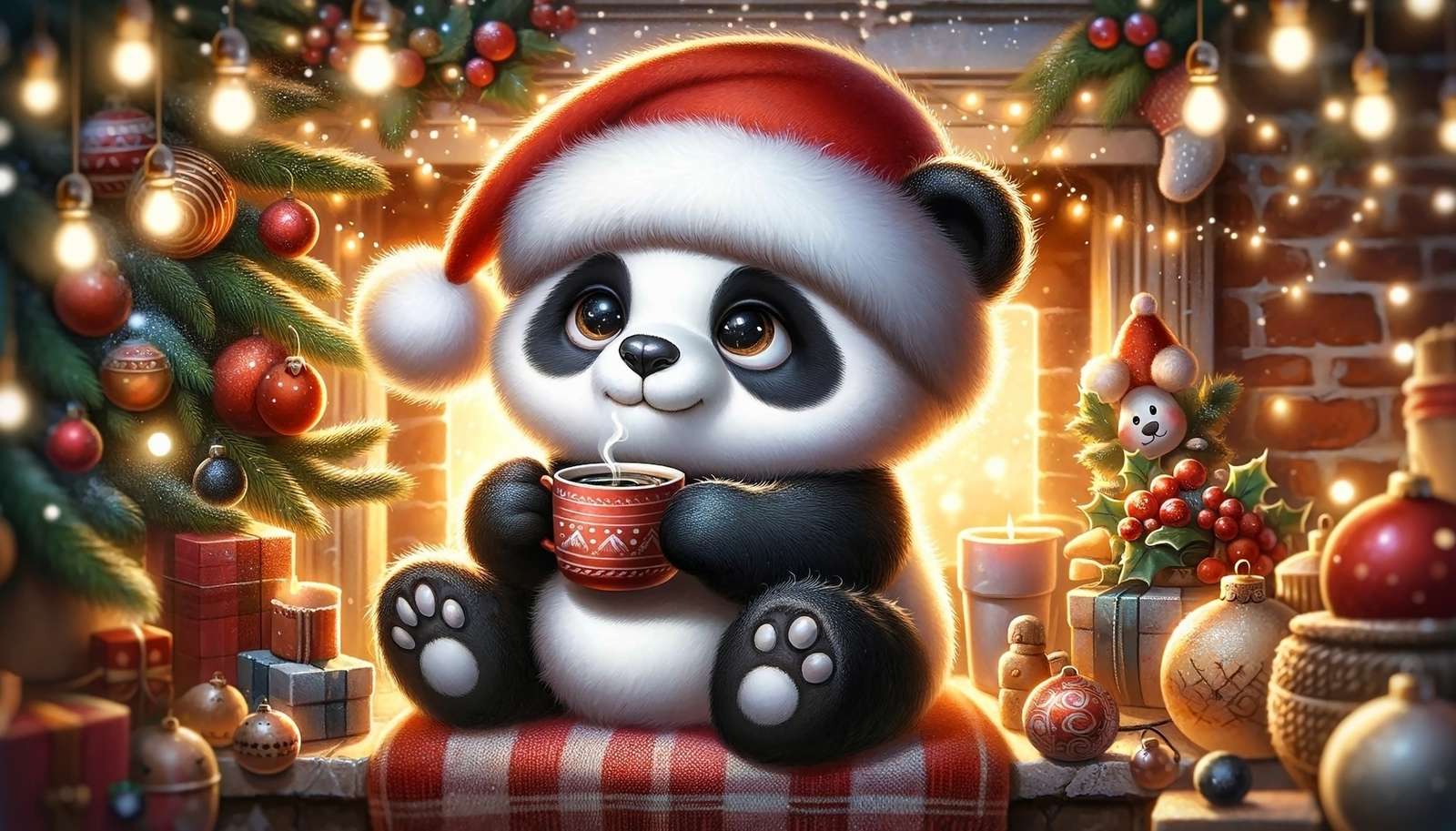 Panda i tomteluva bredvid granen och den öppna spisen Pussel online