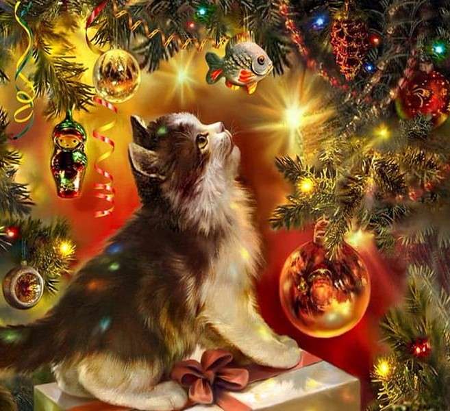Gatinho debaixo da árvore de Natal quebra-cabeças online