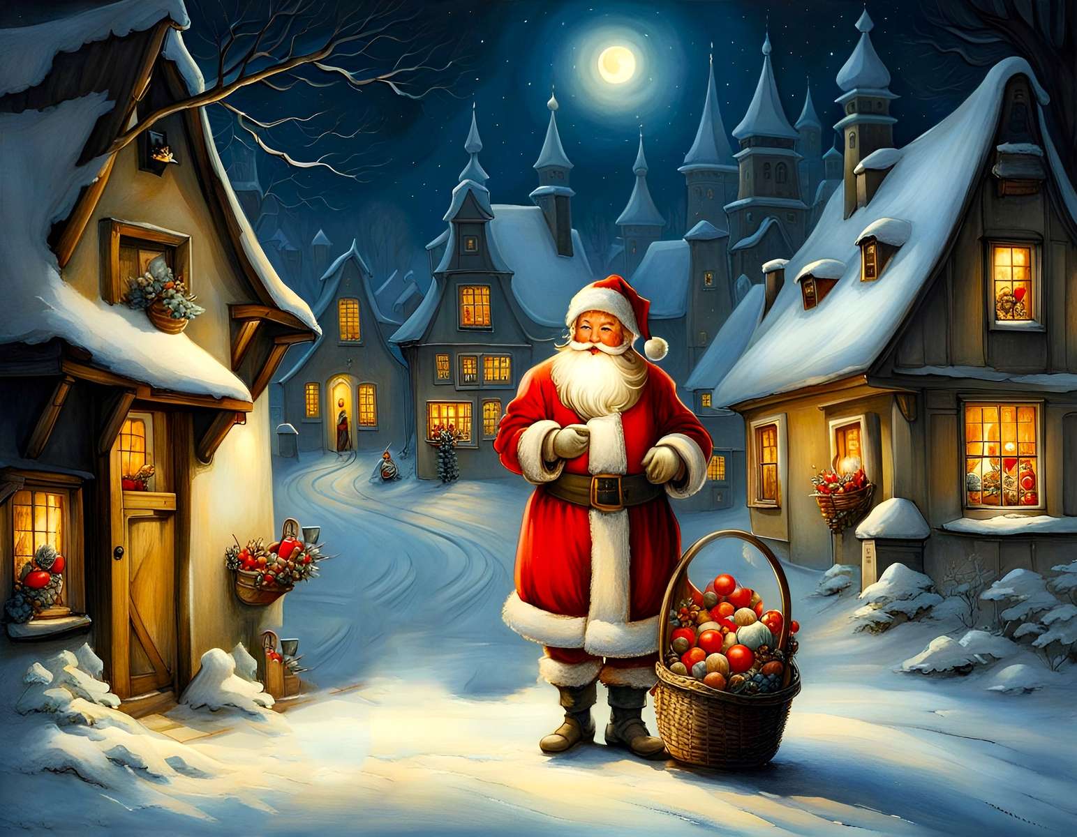 Santo Babbo Natale dopo il lavoro, con un cesto pieno di dolcetti puzzle online