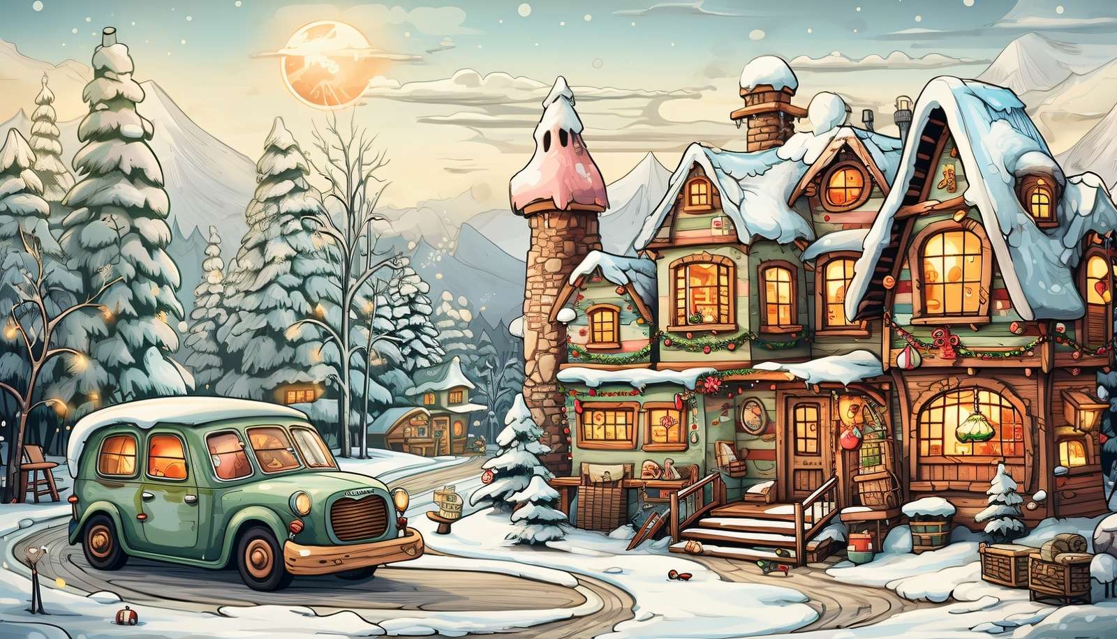 Un'auto davanti a una casa coperta di neve puzzle online