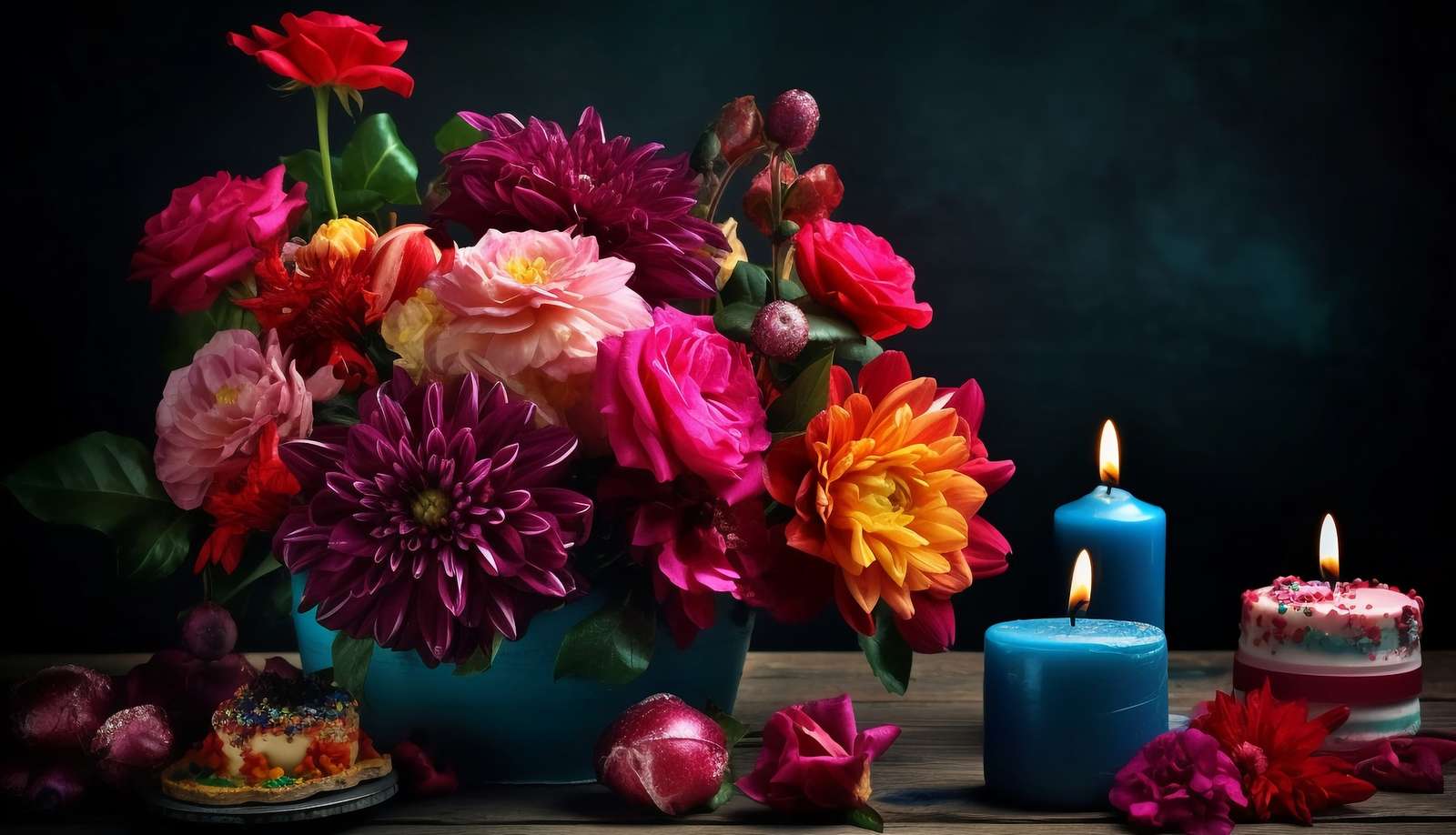 Candles next to a bouquet of colorful flowers online puzzle