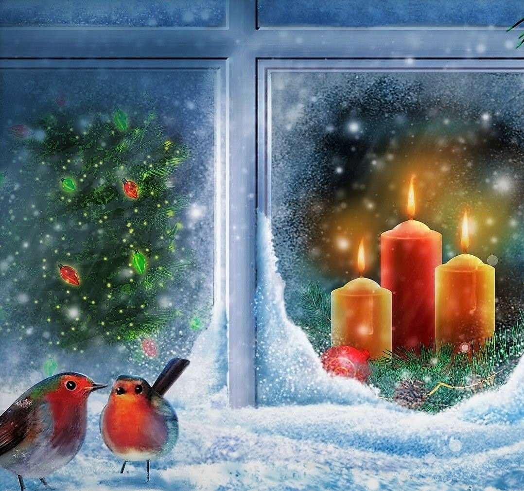 Oiseaux sur le rebord de la fenêtre le jour de Noël puzzle en ligne