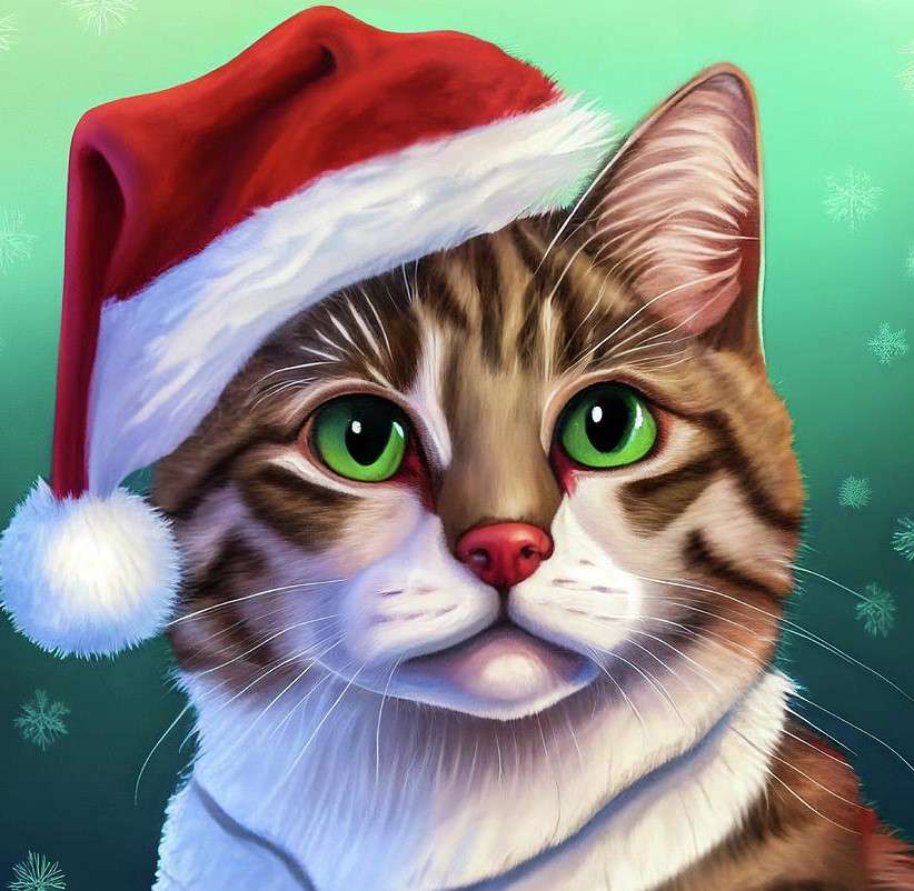 クリスマス帽子をかぶった猫 オンラインパズル